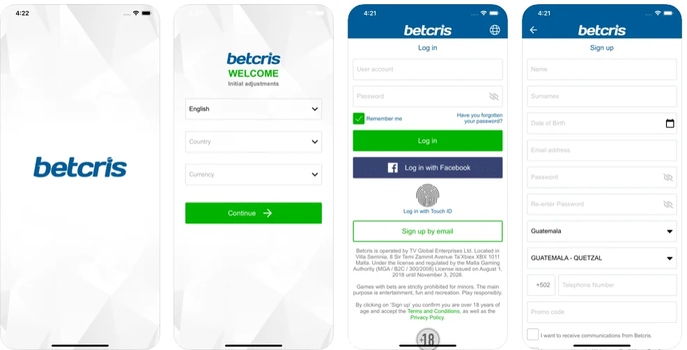 Proceso de registro betcris